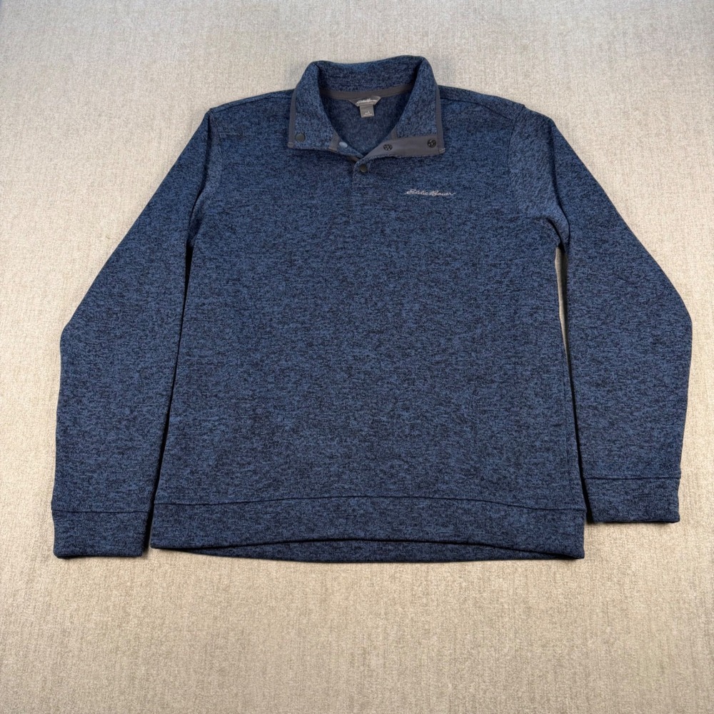 Eddie Bauer Radiator Fleece Pullover Mens Large Blue Snap Mock Neck Heathered